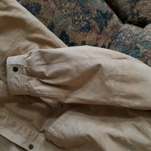 Vintage 80s, suede leather coat, fur fabric lined hood, XL by Weather Spirits - Picture 11 of 15